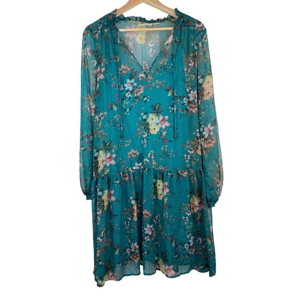Anthropologie Maeve Emmy Women's L Teal Floral Sheer Drop Waist Shift Dress - Picture 1 of 11